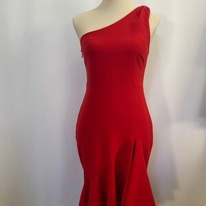 Likely One Shoulder, Ruched Ruffles, Tea-Length Evening Gown Size 4